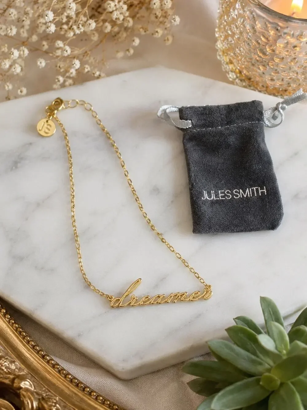 Jules Smith Dreamer Necklace 14K Gold Plated Script Necklace 18” + 2” Extend NWT